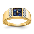 IB Goodman 14k 3.8mm Square Lab-Created Sapphire Cluster and 1/20 carat Diamond Mens Ring