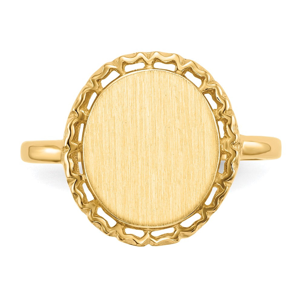 14k 11.0x12.5mm Oval Open Back Filigree Edge Signet Ring