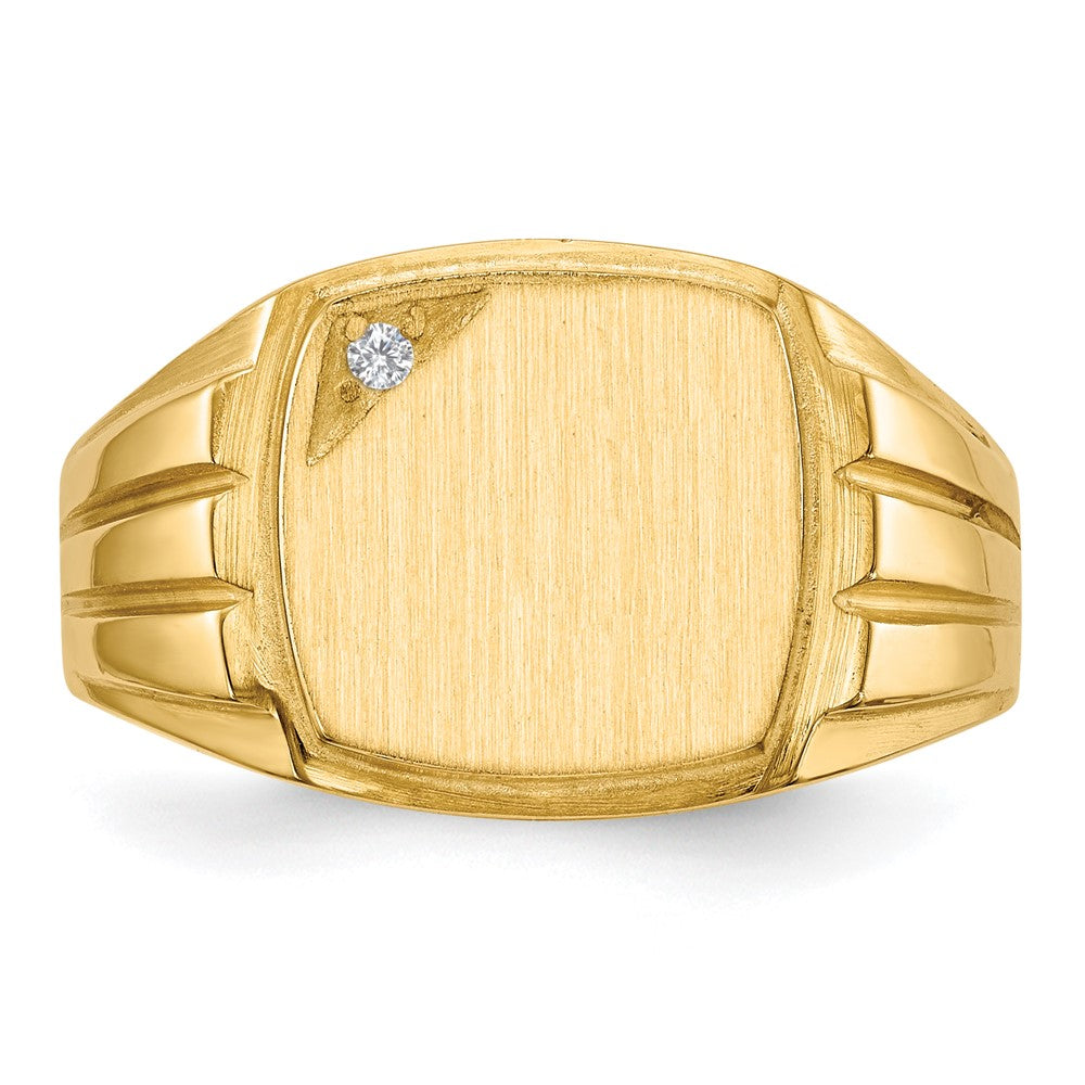 14k .02ct. VS Diamond 12.0x11.5mm Cushion Open Back Grooved Sides Mens Signet Ring