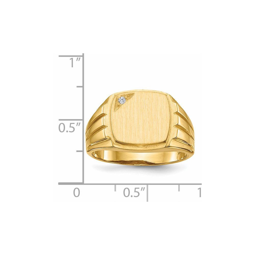 14k .02ct. AAA Diamond 12.0x11.5mm Cushion Open Back Grooved Sides Mens Signet Ring