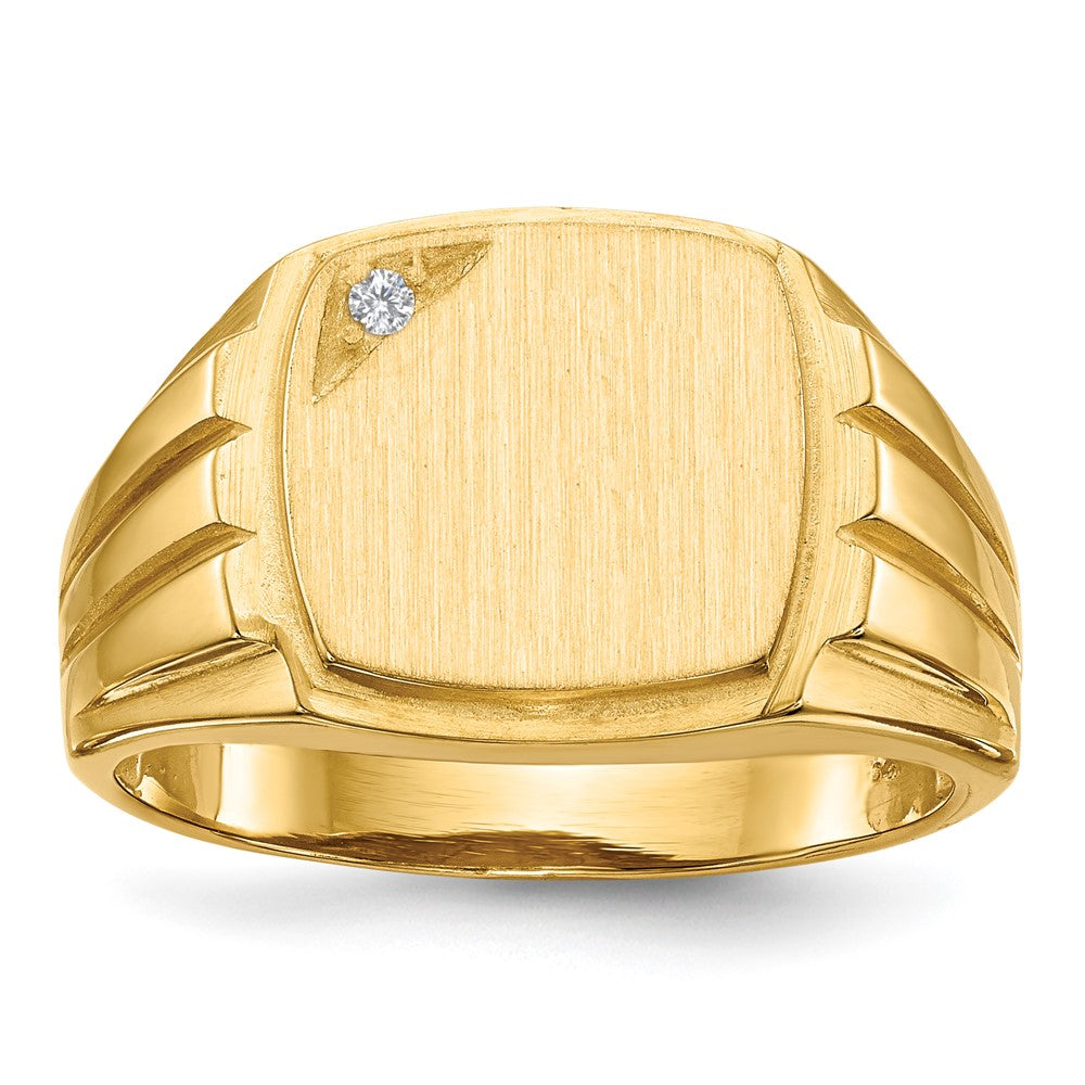 14k .02ct. A Diamond 12.0x11.5mm Cushion Open Back Grooved Sides Mens Signet Ring