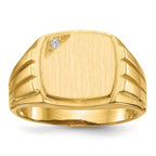 14k .02ct. AAA Diamond 12.0x11.5mm Cushion Open Back Grooved Sides Mens Signet Ring