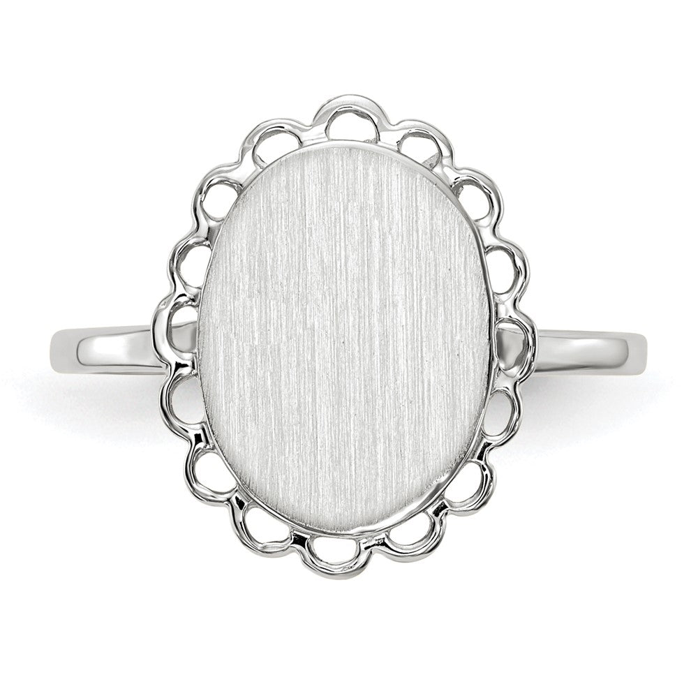 14k White Gold 9.0x11.5mm Oval Open Back Scalloped Edge Signet Ring