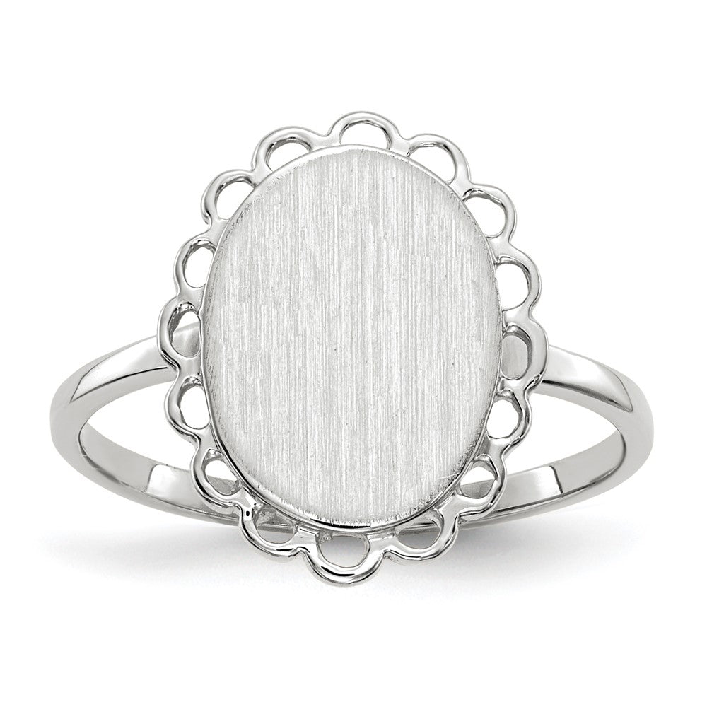 14k White Gold 9.0x11.5mm Oval Open Back Scalloped Edge Signet Ring