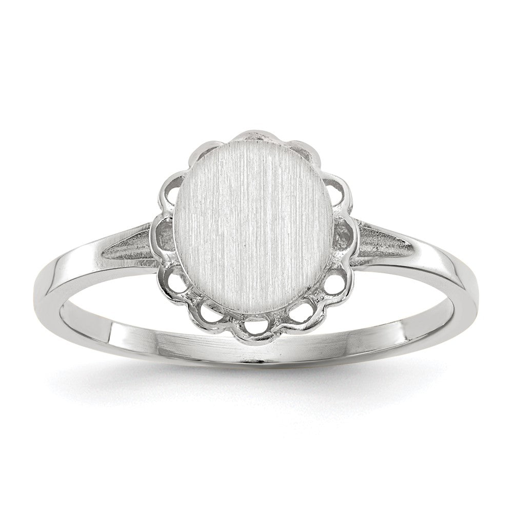 14k White Gold 6.5x7.0mm Oval Open Back Scalloped Edge Signet Ring