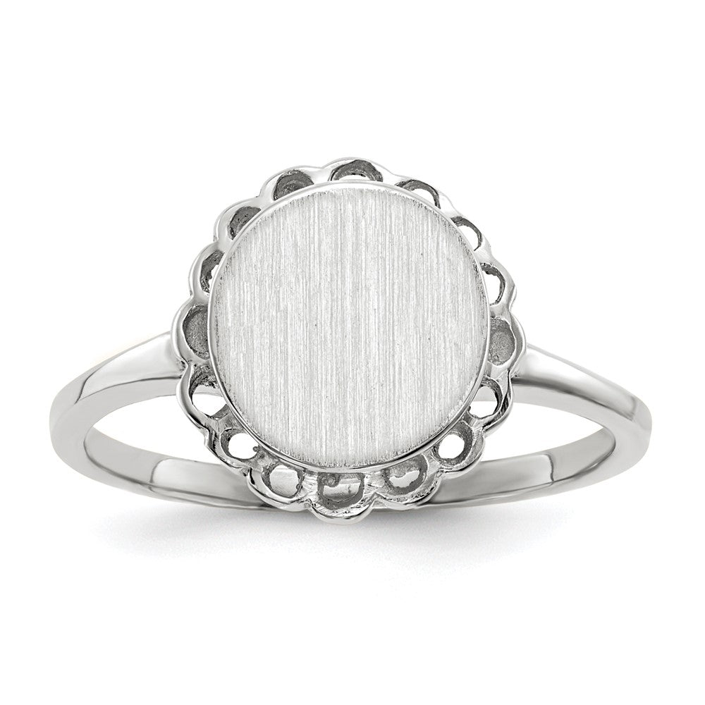 14k White Gold 8.5x9.0mm Oval Open Back Scalloped Edge Signet Ring