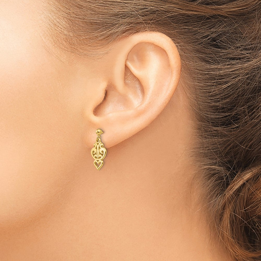 14k Polished Filigree Fancy Heart Dangle Post Earrings