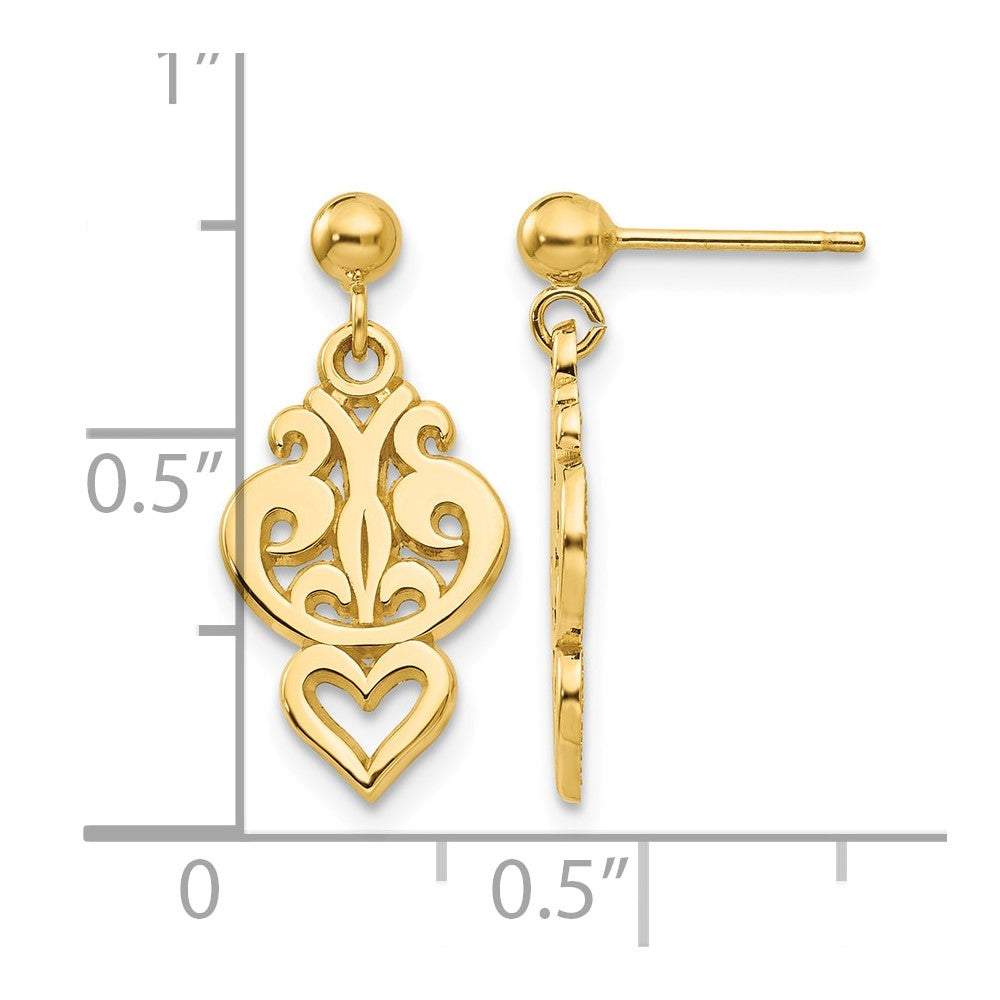 14k Polished Filigree Fancy Heart Dangle Post Earrings