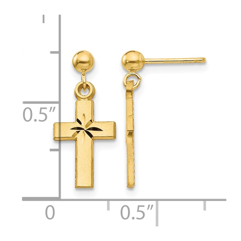 14k Satin and Diamond-Cut Cross Dangle Post Earrings
