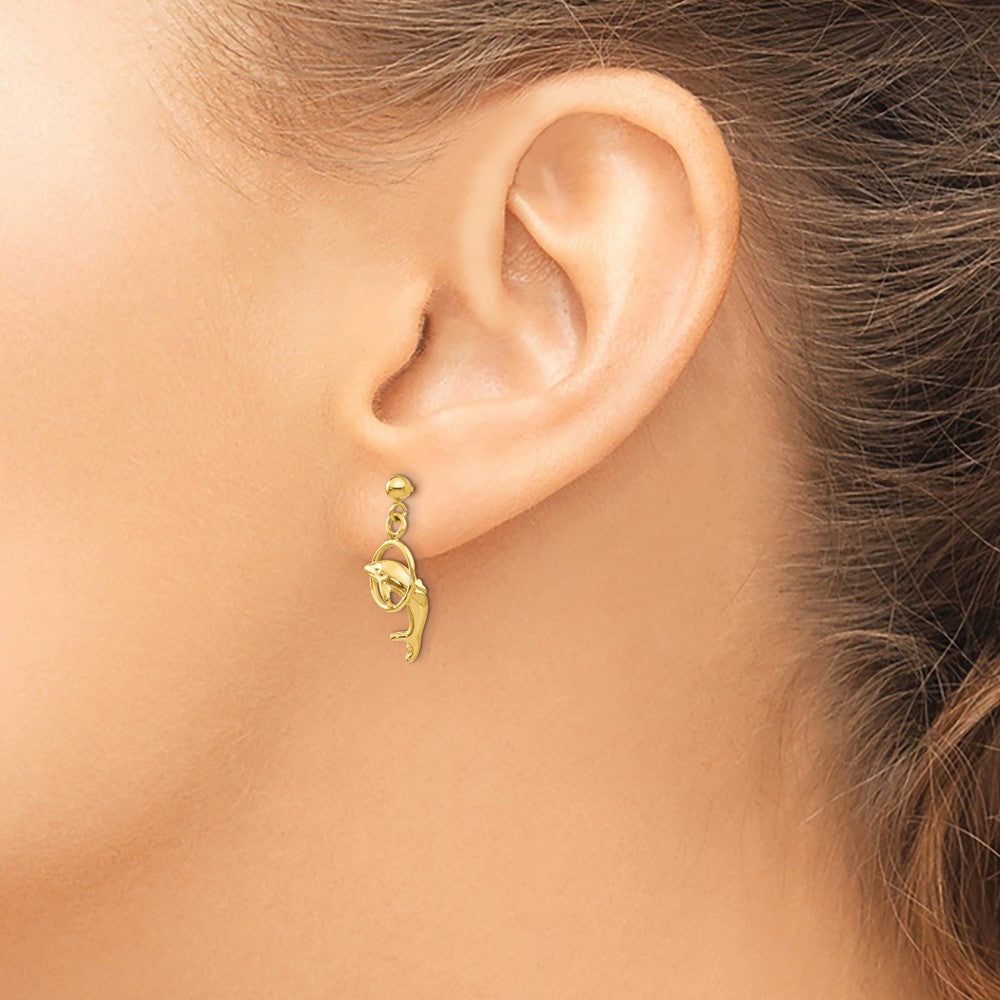 14k Polished Dolphin Jumping Through Hoop Dangle Post Earrings