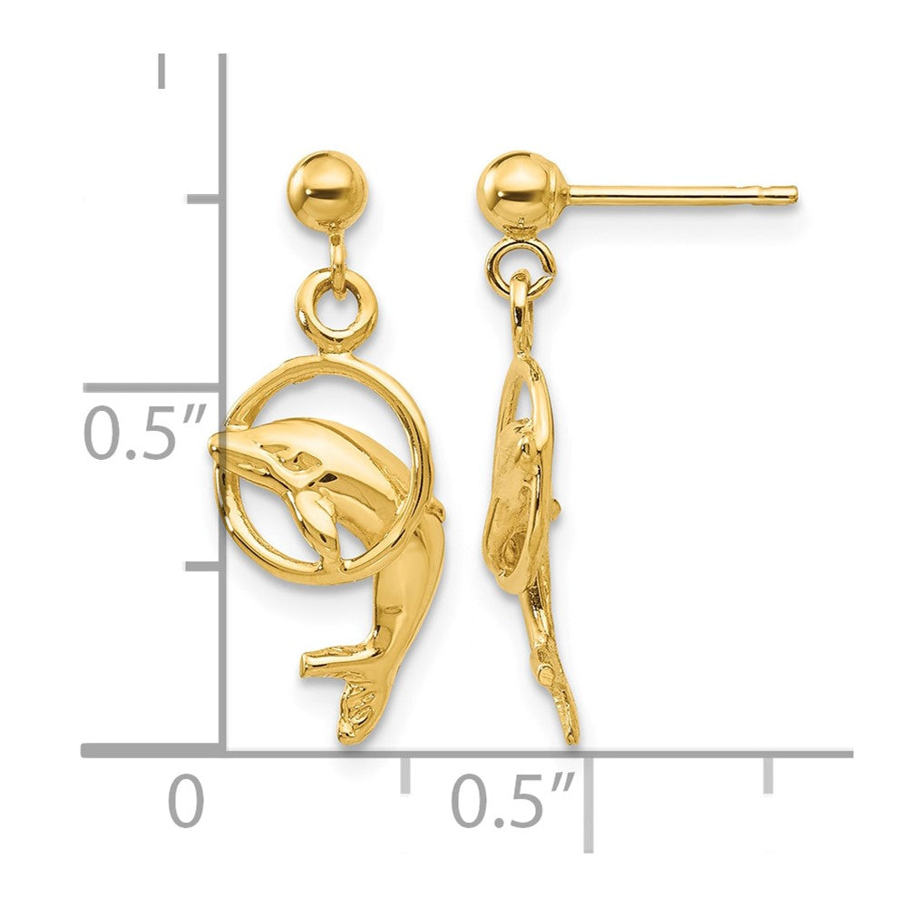 14k Polished Dolphin Jumping Through Hoop Dangle Post Earrings
