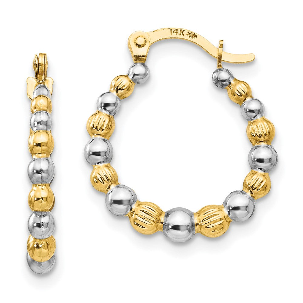 14K and White Rhodium Madi K 2x16mm Beaded Hoop Earrings