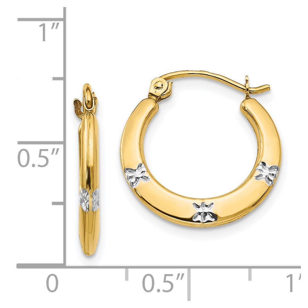 14K and White Rhodium Madi K 3x17mm Diamond-cut Flowers Hollow Hoop Earrings
