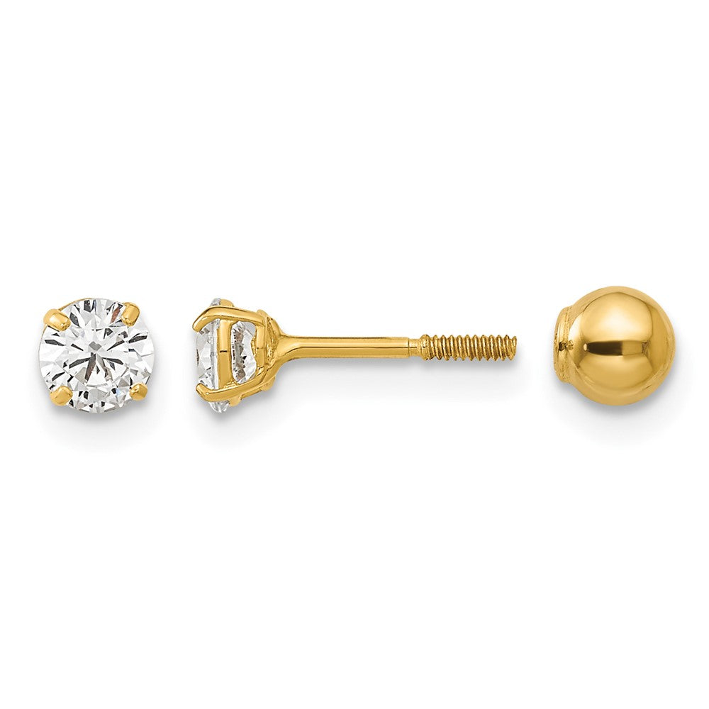 14k Madi K Polished Reversible 4mm Ball and CZ Screwback Post Earrings