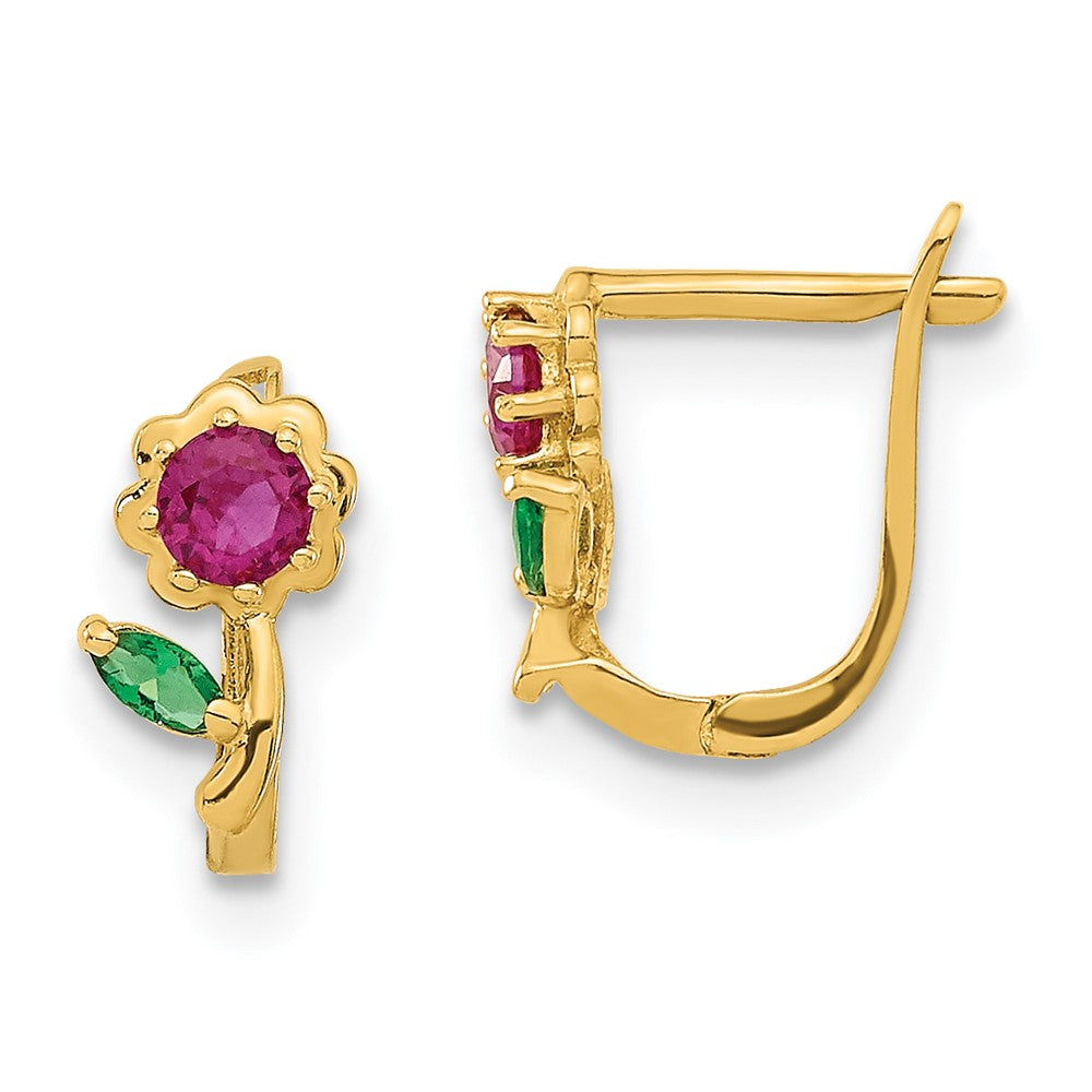 14k Madi K Polished Red and Green CZ Flower Childrens Hinged Earrings