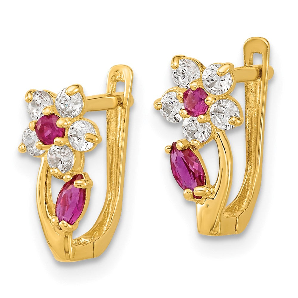 14k Madi K Red and Clear CZ Flower Childrens Hinged Earrings