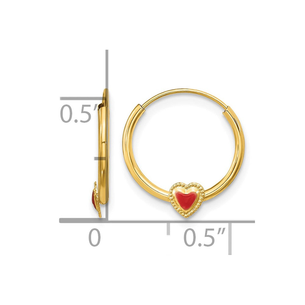 14k Madi K Polished Red Enameled Heart Hoop Childrens Earrings