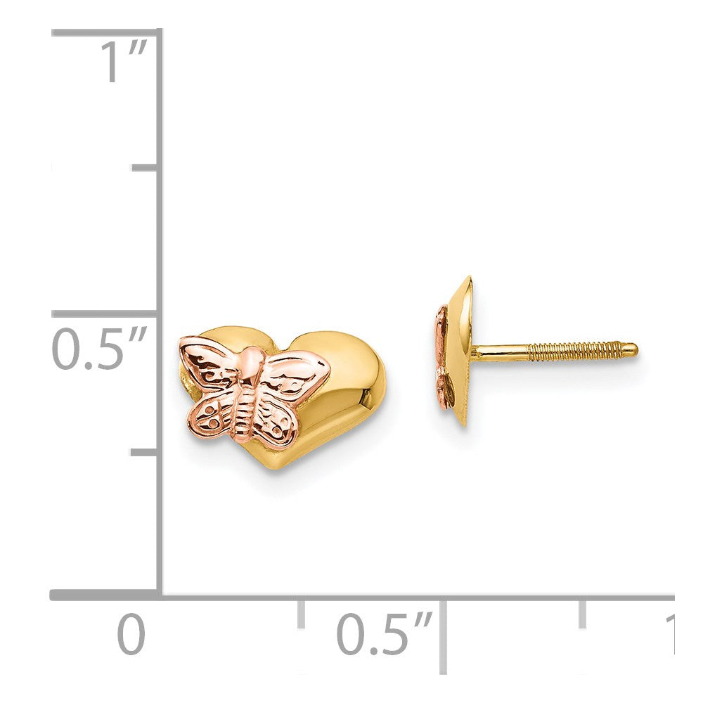 14k and Rose Rhodium Madi K Polished Butterfly Heart Childrens Screwback Earrings