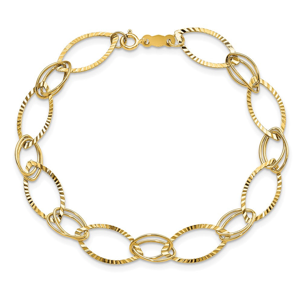 14K Polished and Textured Fancy Oval Link 7.25 inch Bracelet