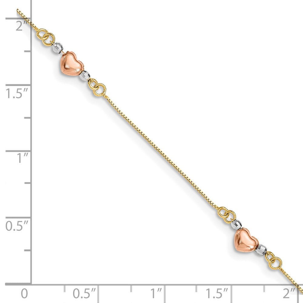 14K Tri-Color Puffed Heart 3-Station 7.25 inch Bracelet