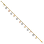 14K Tri-Color Textured Heart Dangle 7.25 inch Bracelet