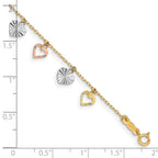 14K Tri-Color Textured Heart Dangle 7.25 inch Bracelet