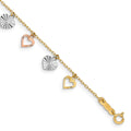14K Tri-Color Textured Heart Dangle 7.25 inch Bracelet