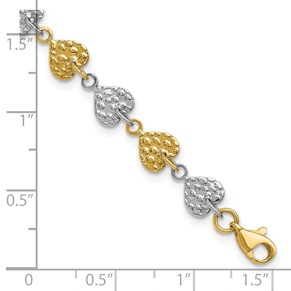 14K Two-tone Hammered Hearts 7 inch Bracelet