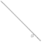 14k White Gold Engravable 14x10mm Solid Dangle Heart Charm and Hollow Chain 7.5 inch Bracelet