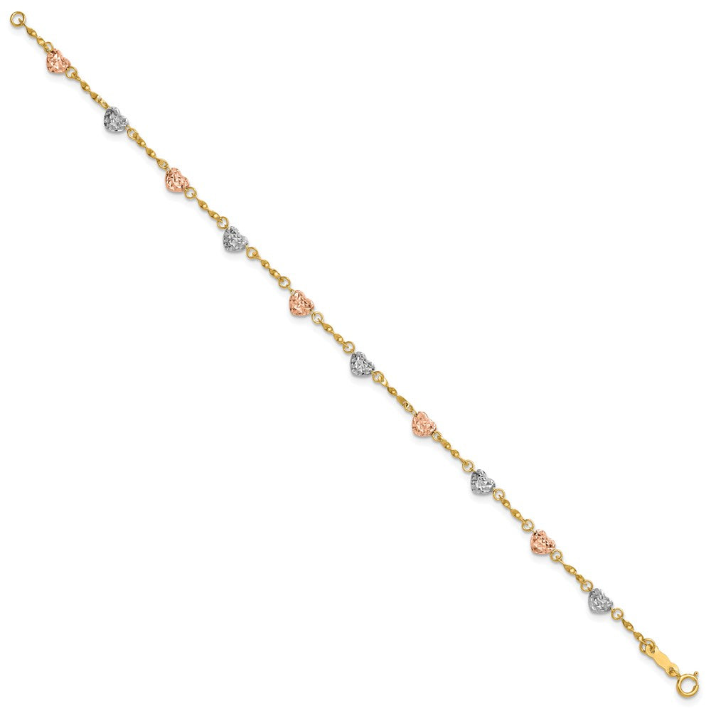 14k Tri-color Diamond-cut Puffed Heart 7 inch Bracelet