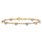 14k Tri-color Diamond-cut Puffed Heart 7 inch Bracelet