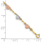 14k Tri-color Diamond-cut Puffed Heart 7 inch Bracelet