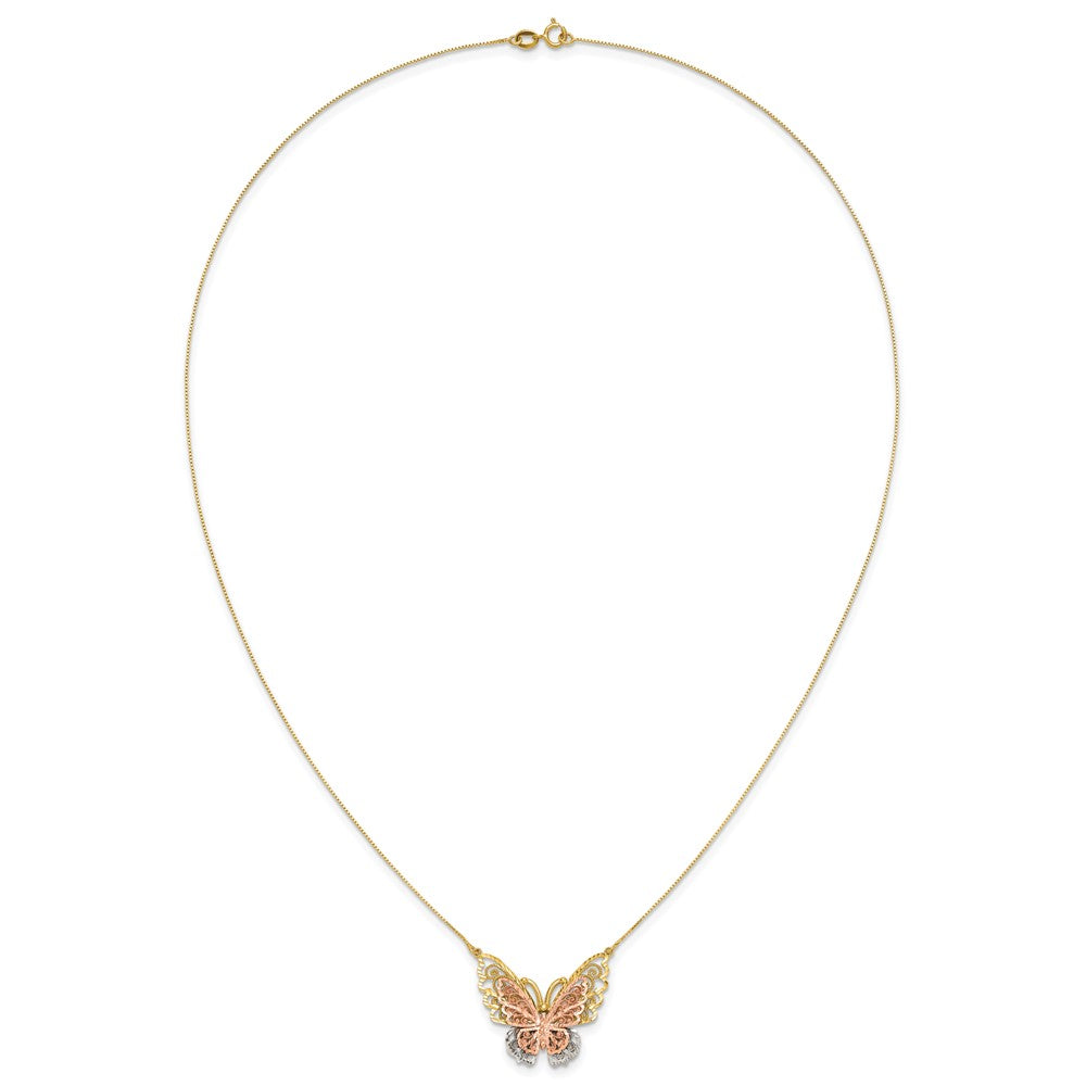 14k Yellow and Rose Gold with White Rhodium Large Filigree Butterfly 18 inch Necklace