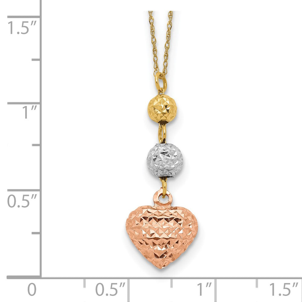 14K Tri-color Diamond-cut Beads and Puffed Heart 16 inch Necklace Plus 2 inch Extender