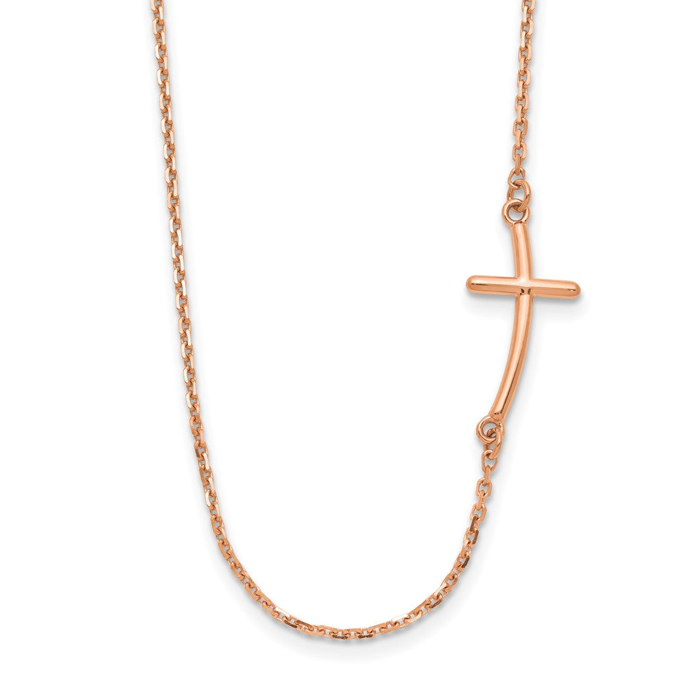 14k Rose Gold Polished Small Sideways Curved Cross 19 inch Necklace