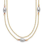 14K Tri Color 2 Strand w/Puff Beads w/2 IN Ext Necklace