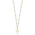 14K Tri-color Mirror Beaded Chain with Polished Cross Pendant 18 inch Necklace