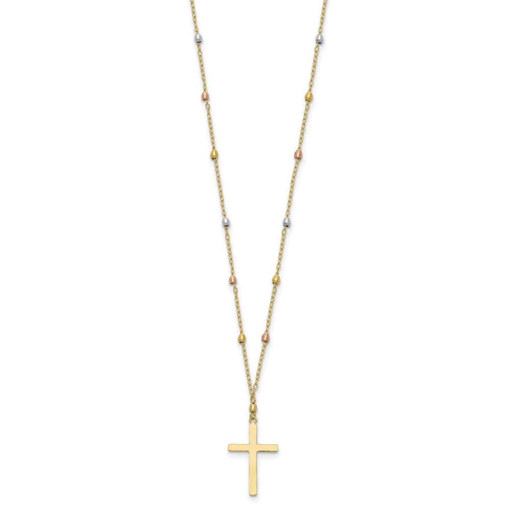 14K Tri-color Mirror Beaded Chain with Polished Cross Pendant 18 inch Necklace