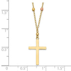 14K Tri-color Mirror Beaded Chain with Polished Cross Pendant 18 inch Necklace