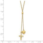 14K Puffed Heart and Diamond-cut Cross 16 inch Y-Necklace Plus 2 inch Extender