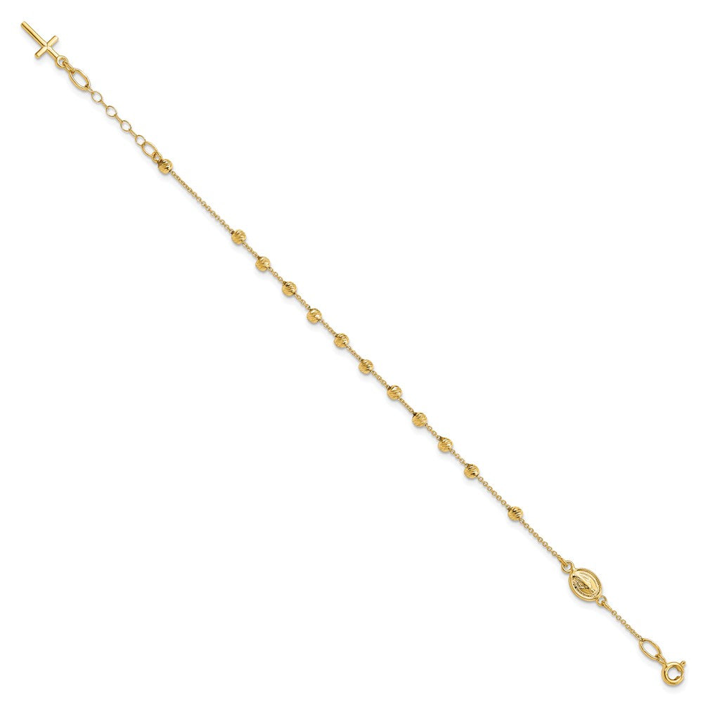 14k Polished Cross and Miraculous Medal with Diamond-cut Beads 6 inch Childs Rosary Bracelet with 0.75 inch Extender