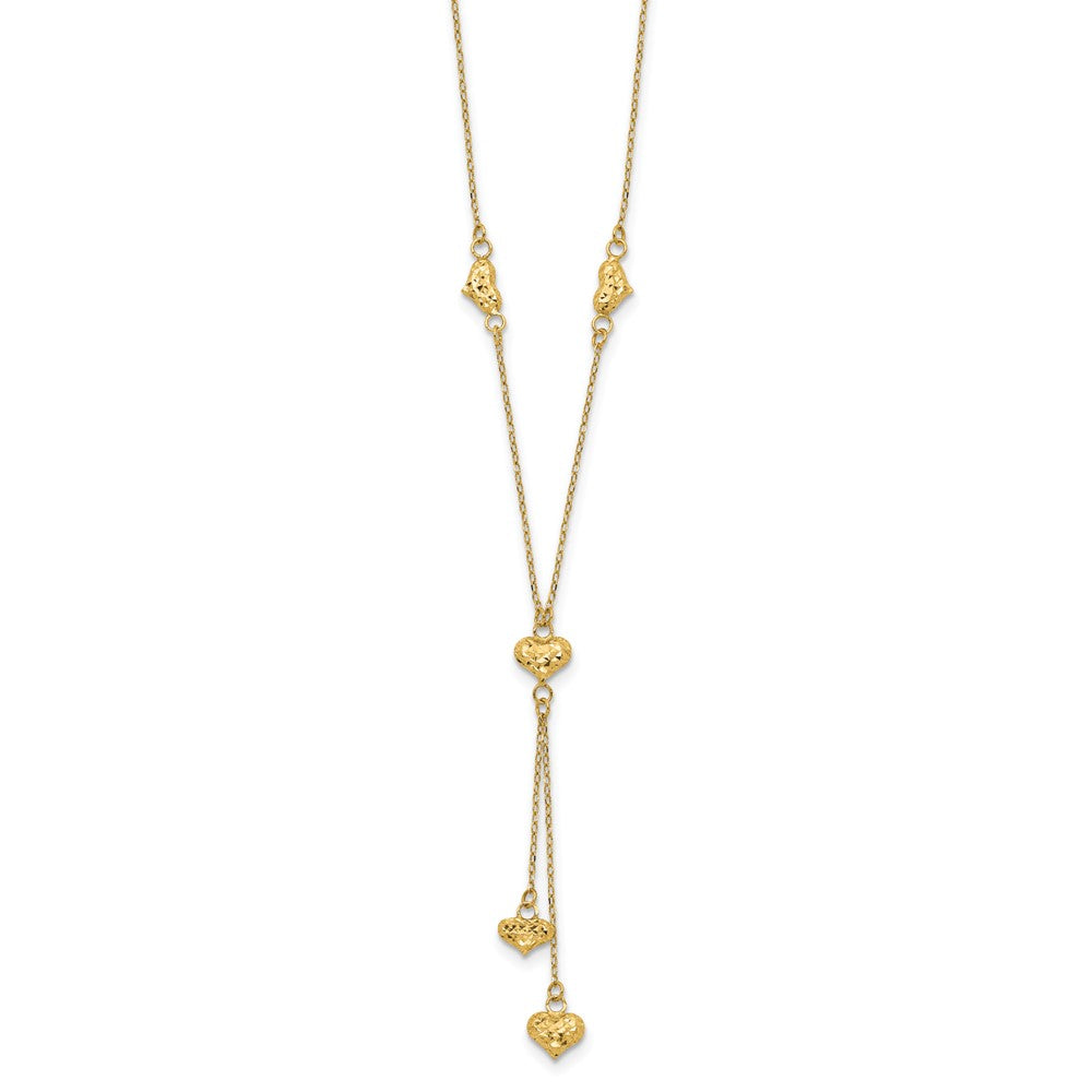 14k Polished Diamond-cut Puffed Hearts 16 inch Lariat Necklace Plus 2 inch Extender