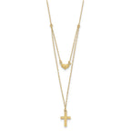 14k Polished 2-Strand Diamond-cut Cross and Heart 16 inch Necklace Plus 2 inch Extender