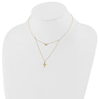 14k Polished 2-Strand Diamond-cut Cross and Heart 16 inch Necklace Plus 2 inch Extender