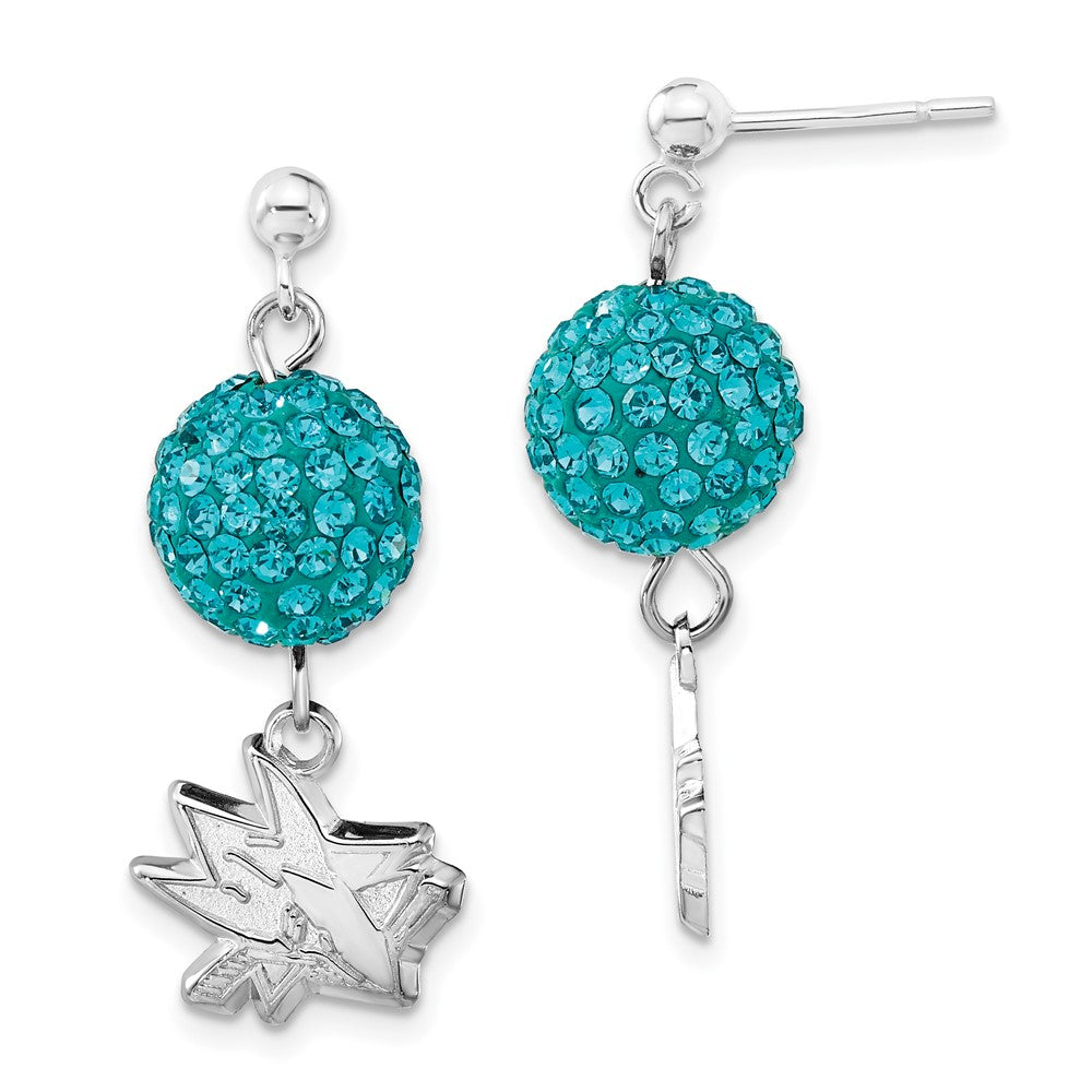 Sterling Silver NHL San Jose Sharks Teal Crystal Post Dangle Earrings