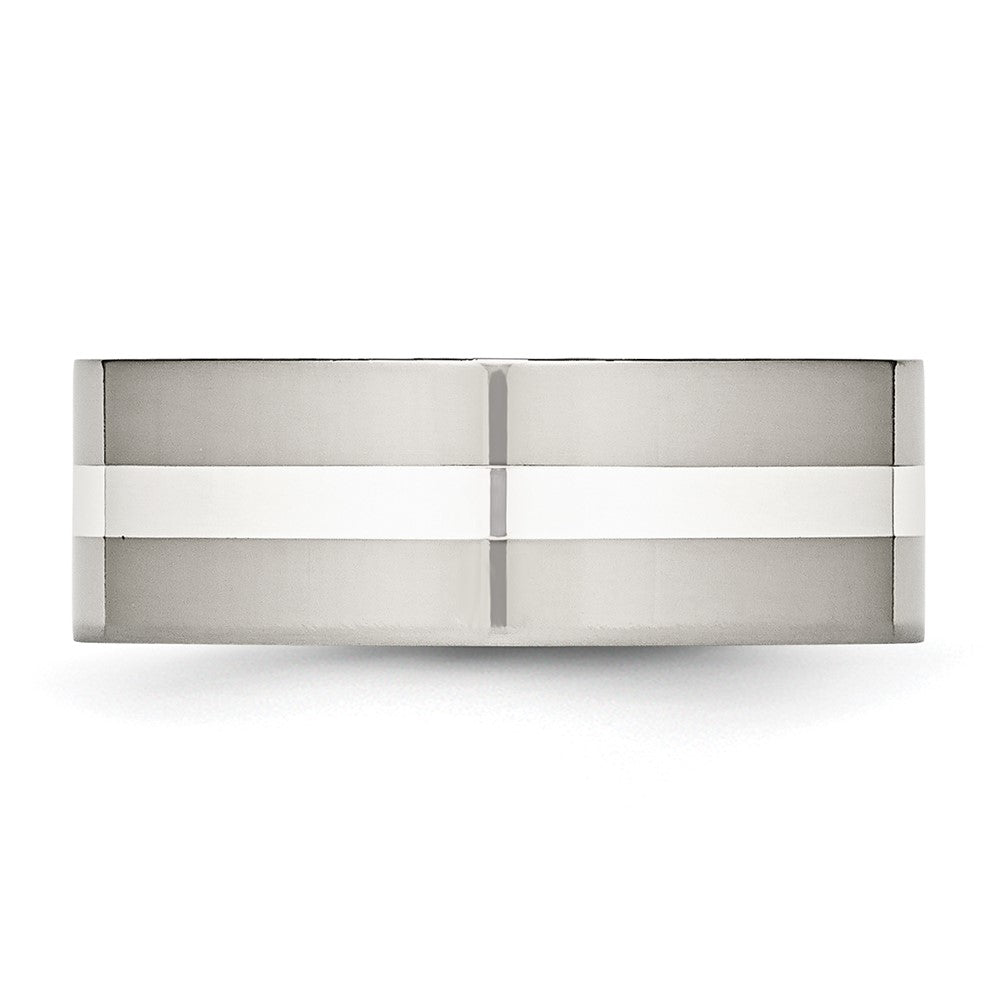 Chisel Stainless Steel with Sterling Silver Inlay Polished 8mm Flat Band