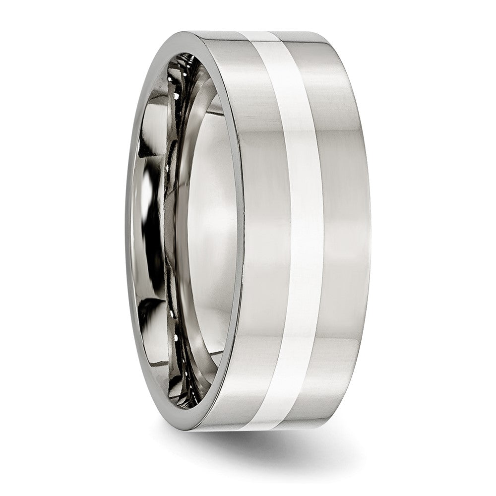 Chisel Stainless Steel with Sterling Silver Inlay Polished 8mm Flat Band