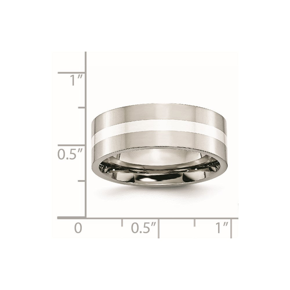 Chisel Stainless Steel with Sterling Silver Inlay Polished 8mm Flat Band