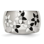 Stainless Steel Black & White Enamel Flowers w/CZ Ring
