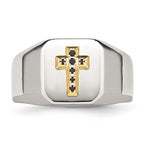 Chisel Stainless Steel Polished with 14k Gold Accent 1/15 Carat Sapphire Cross Signet Ring
